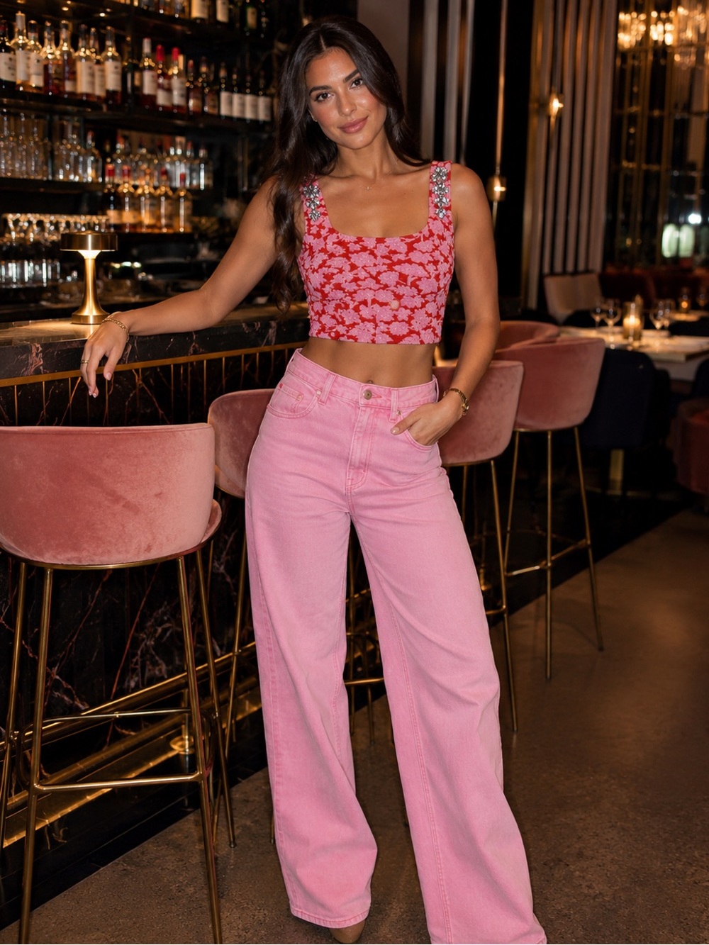 Zara Floral Crop Top S Embellished Pink Red Jacquard Rhinestone Party Glam NWT